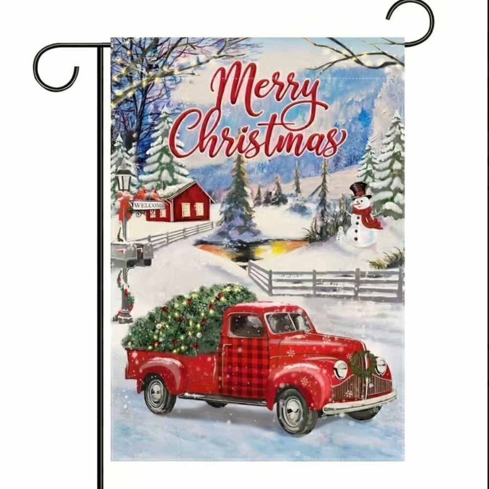 Brand New Merry Christmas Western Red Farm Truck Garden Flag Decoration